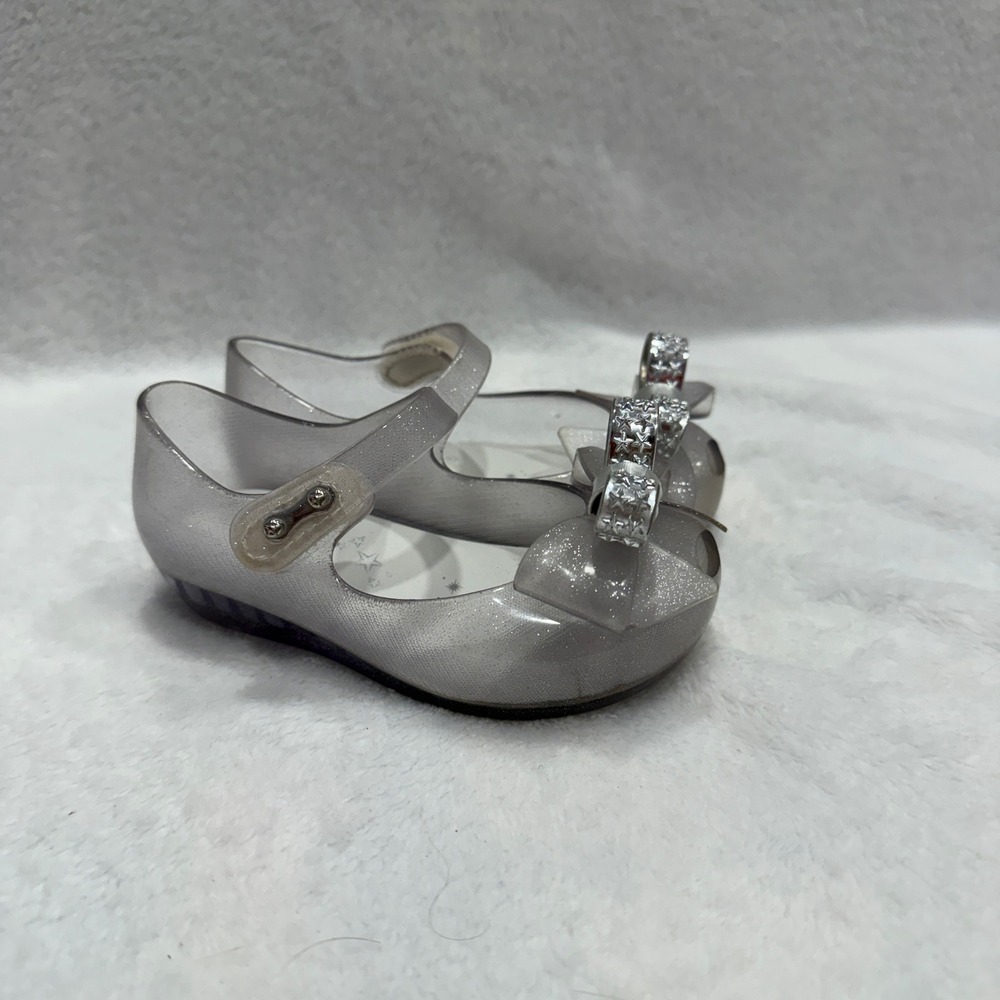 Mini Melissa Glitter Bow Jelly Mary Jane Flats Size 7 Toddler Kids Silver Shoes